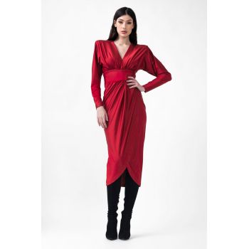 Red Midi Dress With Corset And V-Neck