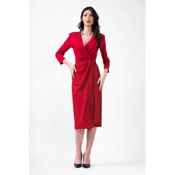 Red Midi Dress With Pleats And Belt