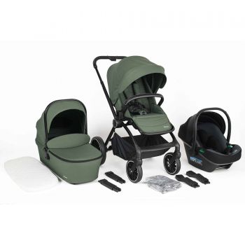 BabyGo - Carucior 3 in 1 Harmony Green cu maner reglabil pe inaltime, cadru Black