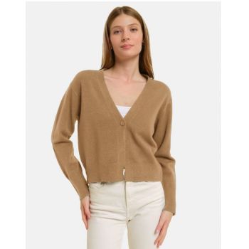 Cardigan cu decolteu in V, din tricotaj fin, camel