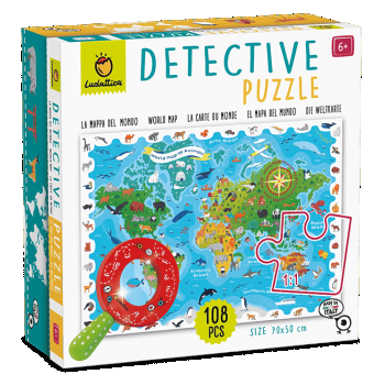 Puzzle Detectiv Harta Lumii cu Animale, 108 piese, +5 ani, Ludattica