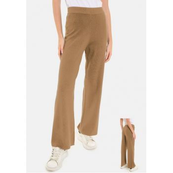 Pantaloni largi si drepti, casual, din tricotaj fin, camel