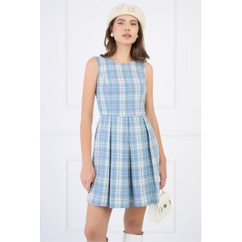 Rochie din lana bleu cu carouri tip sarafan