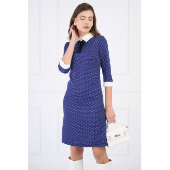 Rochie DY Fashion din stofa bleumarin cu buline si guler alb