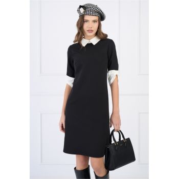 Rochie DY Fashion din stofa neagra cu guler si mansete tip fundite