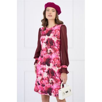 Rochie DY Fashion eleganta fucsia cu flori si maneci din voal bordo