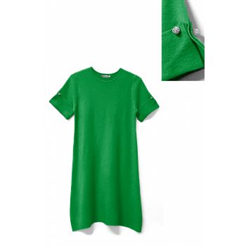 Rochie scurta A-line tricotata, cu maneca scurta si nasture decorativ, verde