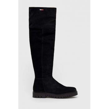 Tommy Jeans cizme din piele intoarsa Warmlined Long Boot femei, culoarea negru, cu platforma, izolat