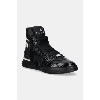 Philipp Plein sneakers din piele Hi-Top Hexagon culoarea negru, MSC4012 PLE010N 0202