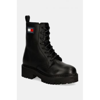 Tommy Jeans bocanci de piele TJW URBAN LACE UP BOOT femei, culoarea negru, cu toc plat, EN0EN02628