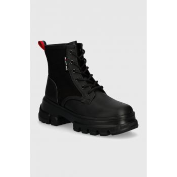 Tommy Jeans botine TJW CHUNKY LACE UP BOOT MIX MAT femei, culoarea negru, cu platforma, EN0EN02554