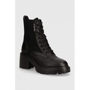 Tommy Jeans botine TJW MID HEEL BOOT MIX MEDIA femei, culoarea negru, cu toc plat, EN0EN02556