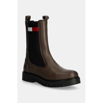 Tommy Jeans ghete chelsea de piele TJW LONG CHELSEA BOOT femei, culoarea maro, cu platforma, EN0EN02625