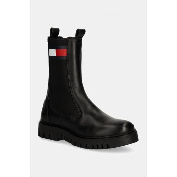 Tommy Jeans ghete chelsea de piele TJW LONG CHELSEA BOOT femei, culoarea negru, cu platforma, EN0EN02625