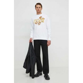 Versace Jeans Couture hanorac de bumbac barbati, culoarea alb, cu imprimeu