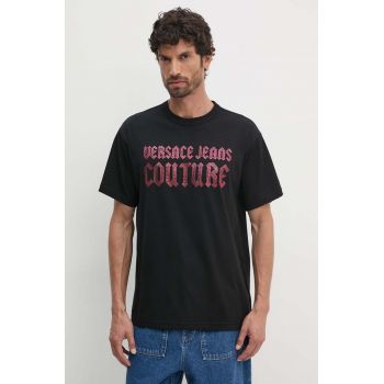 Versace Jeans Couture tricou din bumbac barbati, culoarea negru, cu imprimeu, 77GAHL00 CJ01L