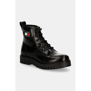 Tommy Jeans bocanci de piele TJW LACE UP BOOT femei, culoarea negru, cu platforma, EN0EN02624