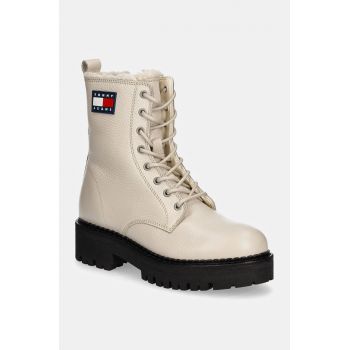 Tommy Jeans bocanci de piele TJW URBAN BOOT TUMBLED LTR WL femei, culoarea bej, cu toc plat, izolat, EN0EN02317