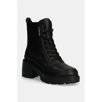 Tommy Jeans botine TJW MID HEEL BOOT LEATHER femei, culoarea negru, cu toc drept, EN0EN02640