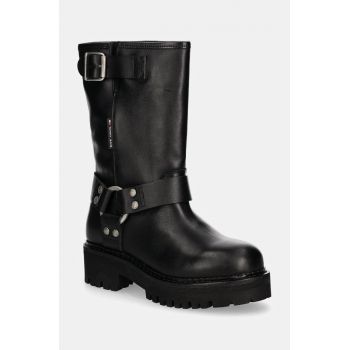 Tommy Jeans cizme de piele TJW URBAN BIKER BOOT LEATHER femei, culoarea negru, cu platforma, EN0EN02728