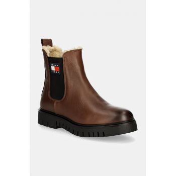 Tommy Jeans ghete chelsea de piele TJW CHELSEA BOOT WL femei, culoarea maro, cu toc plat, izolat, EN0EN02626