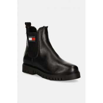 Tommy Jeans ghete chelsea de piele TJW CHELSEA BOOT WL femei, culoarea negru, cu toc plat, izolat, EN0EN02626