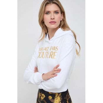 Versace Jeans Couture hanorac de bumbac femei, culoarea alb, cu glugă, cu imprimeu