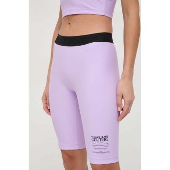 Versace Jeans Couture pantaloni scurti femei, culoarea violet, cu imprimeu, high waist