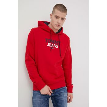 Tommy Jeans hanorac de bumbac barbati, culoarea rosu, cu imprimeu