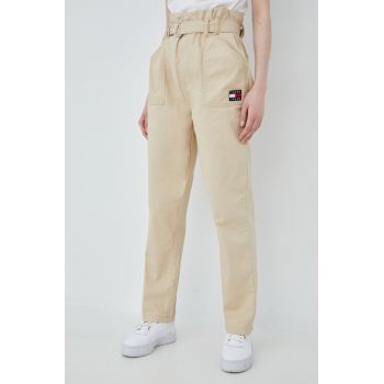 Tommy Jeans pantaloni de bumbac femei, culoarea bej, drept, high waist