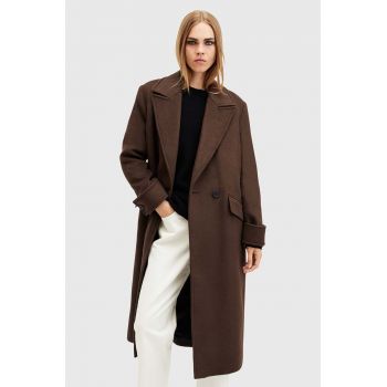 AllSaints palton din lana MABEL COAT culoarea maro, de tranzitie, cu doua randuri de nasturi, W006OZ