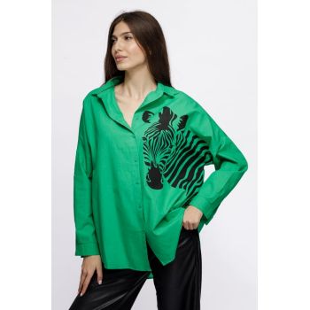 Camasa oversize verde, cu zebra, din poplin de bumbac