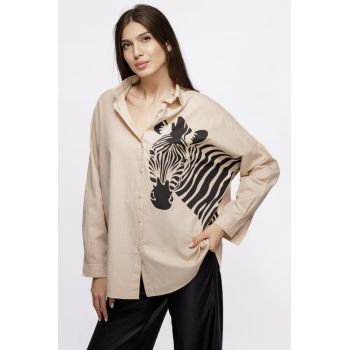 Camasa oversize bej, cu zebra, din poplin de bumbac