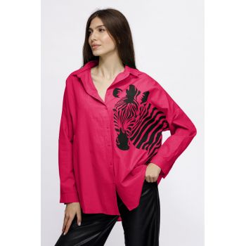 Camasa oversize fucsia, cu zebra, din poplin de bumbac