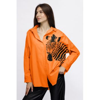 Camasa oversize portocaliu, cu zebra, din poplin de bumbac