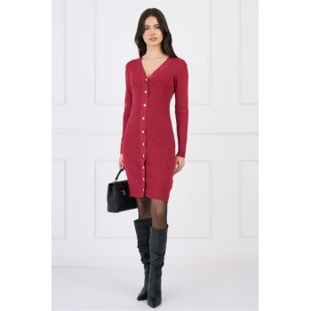 Rochie casual din tricot reiat fucsia cu insertii din fir lurex si nasturi