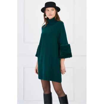 Rochie casual scurta din tricot verde cu blanita la maneci