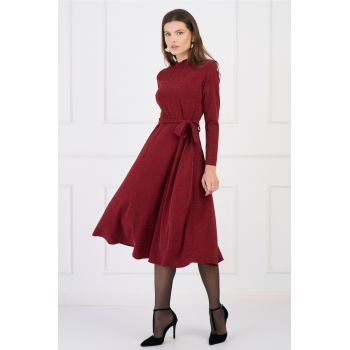 Rochie DY Fashion eleganta din lurex bordo cu cordon in talie