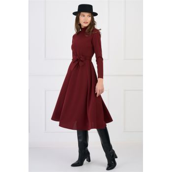 Rochie DY Fashion office din crep bordo cu cordon in talie