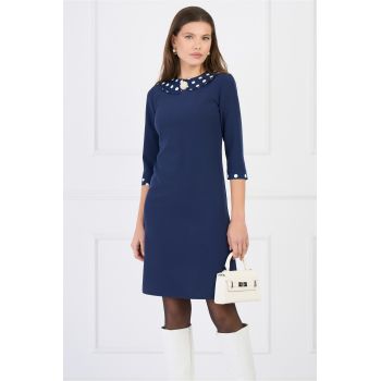 Rochie DY Fashion office din stofa bleumarin cu buline pe guler