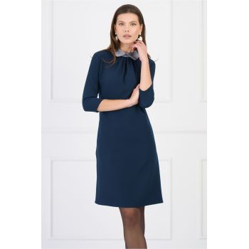 Rochie DY Fashion office din stofa bleumarin cu guler gri