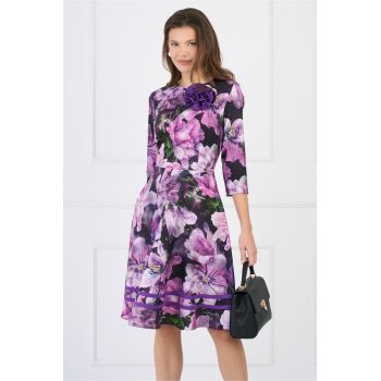 Rochie DY Fashion office din stofa cu imprimeu si floare mov