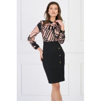 Rochie DY Fashion office din stofa si voal neagra cu imprimeu bej la bust