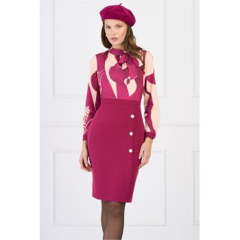 Rochie DY Fashion office din stofa si voal satinat fucsia cu imprimeu bej la bust