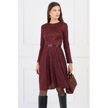 Rochie DY Fashion office din tricot bordo cu croi clos si curea in talie