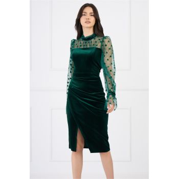 Rochie Ella Collection Adena eleganta din catifea verde cu tull si buline pe maneci