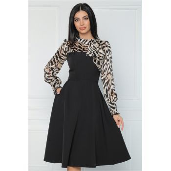 Rochie MBG office din stofa cu voal la bust si animal print bej