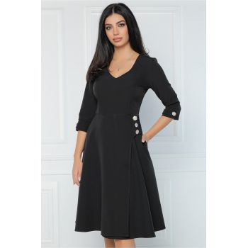 Rochie MBG office din stofa neagra cu nasturi in talie