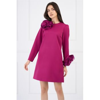 Rochie Moze eleganta din stofa magenta cu flori maxi din organza