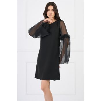 Rochie Moze eleganta din stofa neagra cu maneci clopot din organza